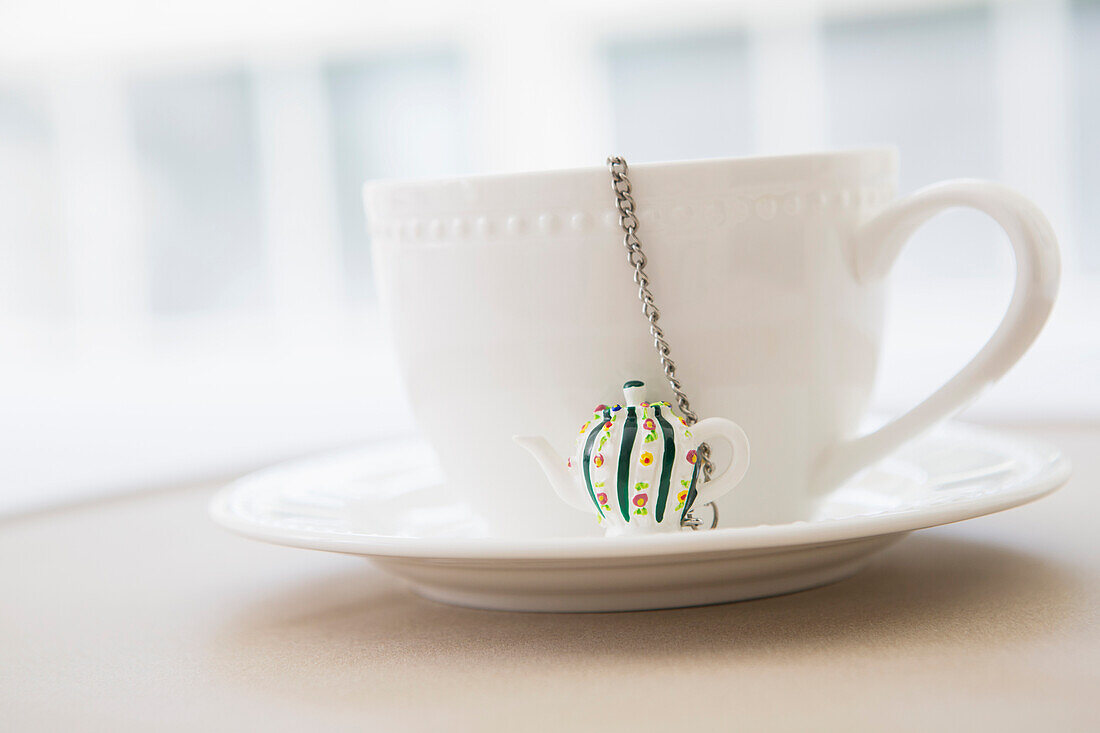 Cup of Tea with Tea Infuser and Loose Tea Leaves on Saucer, Studio Shot