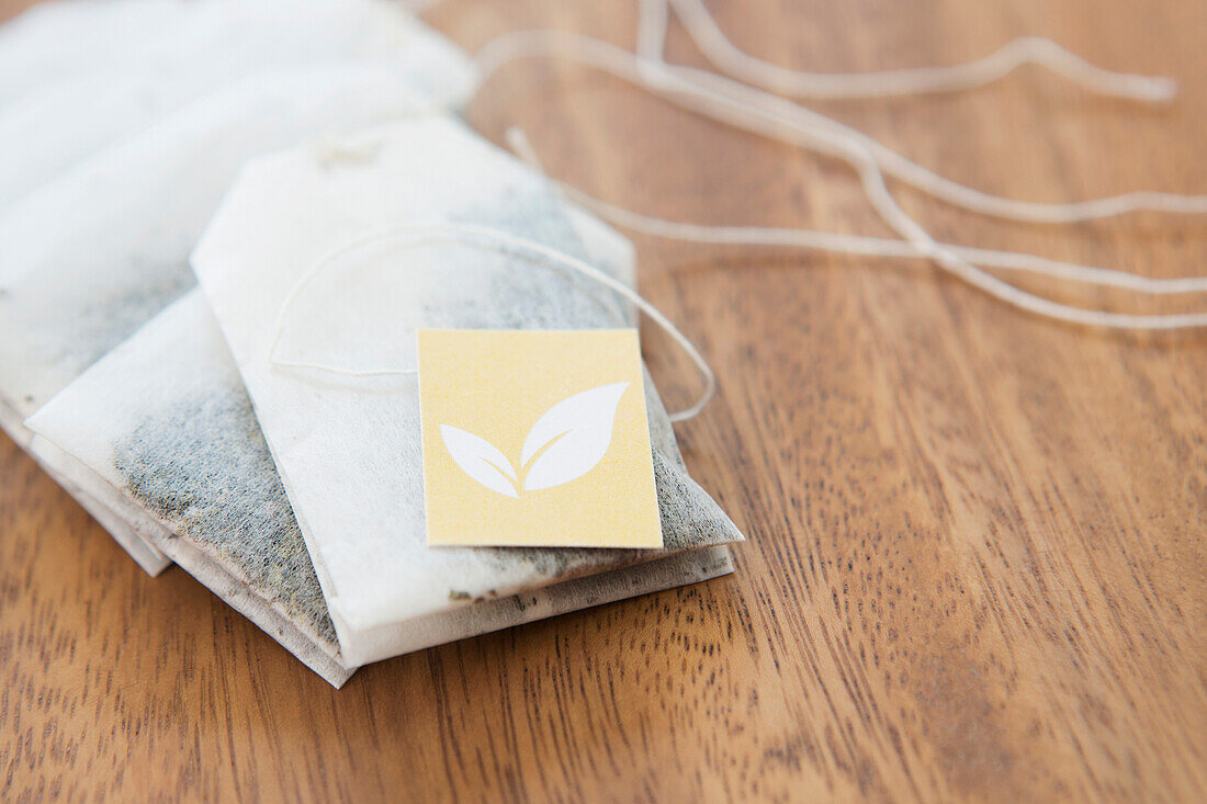 Close-up of Tea Bags with Tag, Studio Shot