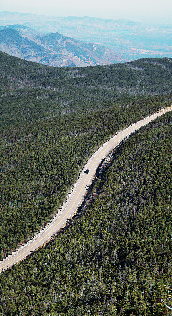 Aerial view of access road leading up to Whiteface Mountain, Adirondacks, New York, USA