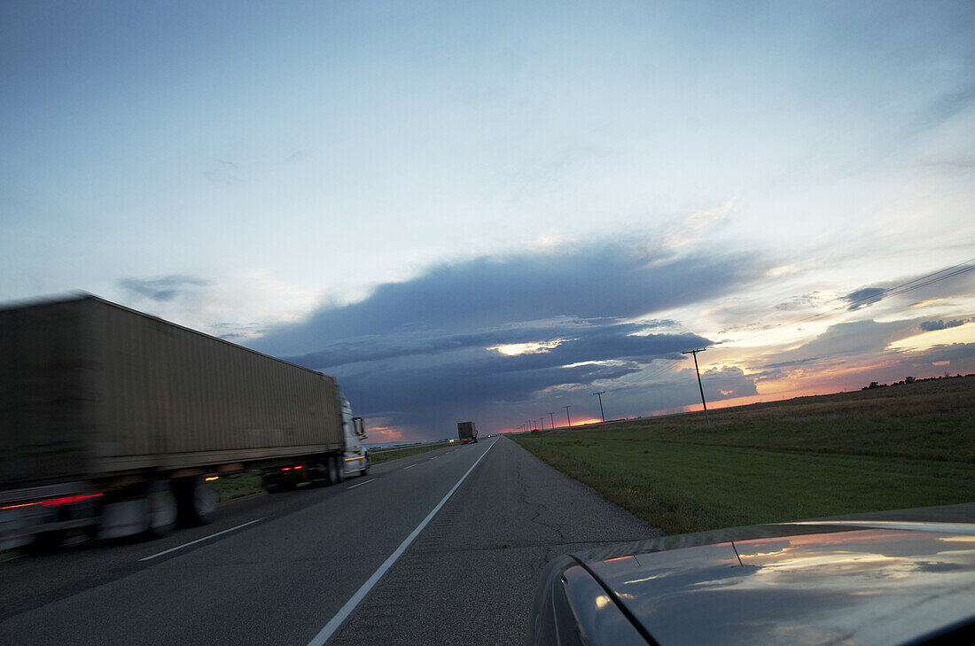 Transport on Trans Canada Highway looking West, near Swift Current, Alberta, Canada