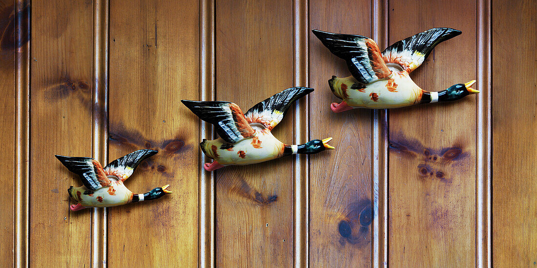Drei dekorative Enten auf Holzvertäfelung