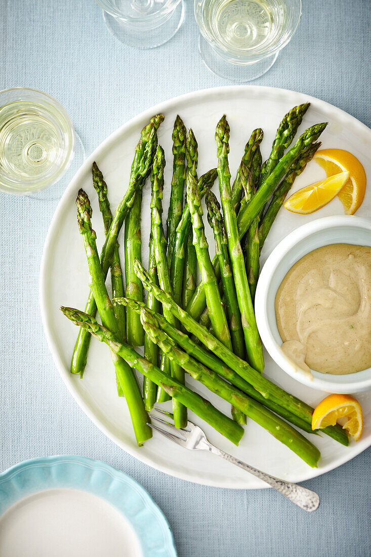 Overhead View of Asparagus and Dip, Studio Shot