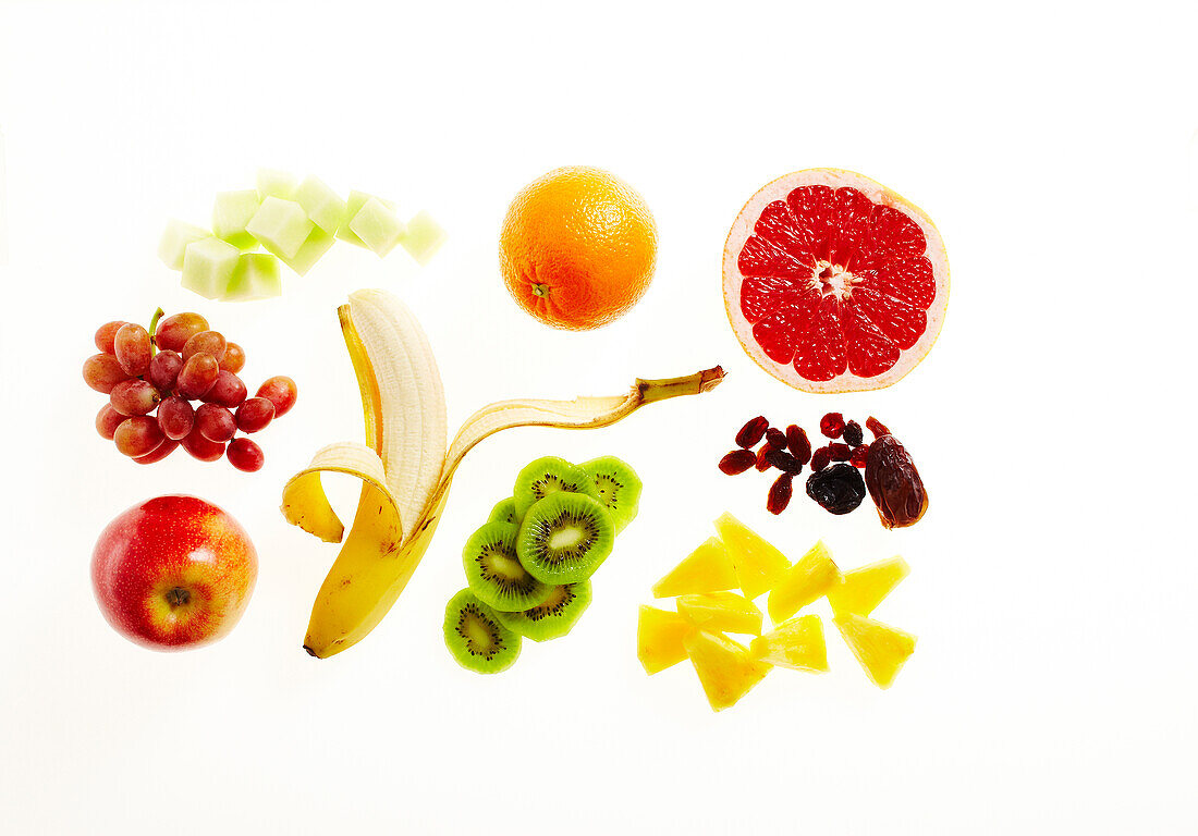 Variety of fruit on white background, studio shot