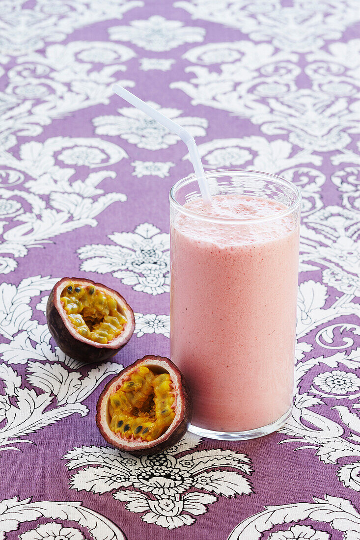 Passion fruit and passion fruit smoothie, studio shot