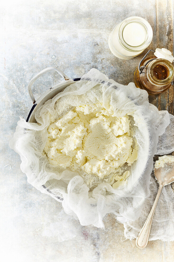 Overhead View of Making Ricotta Cheese, Studio Shot