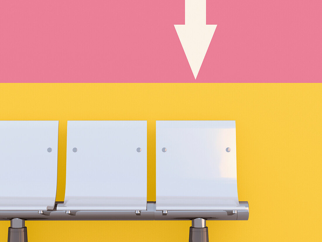Illustration of three seats in a row, in front of colored wall with arrow pointing downwards