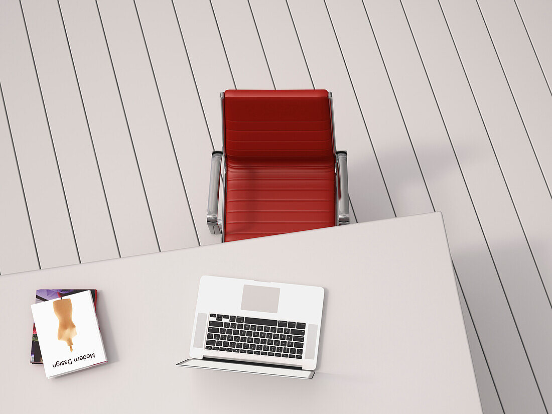 Digital Illustration of Overhead View of Desk with Red Chair, Laptop and Books