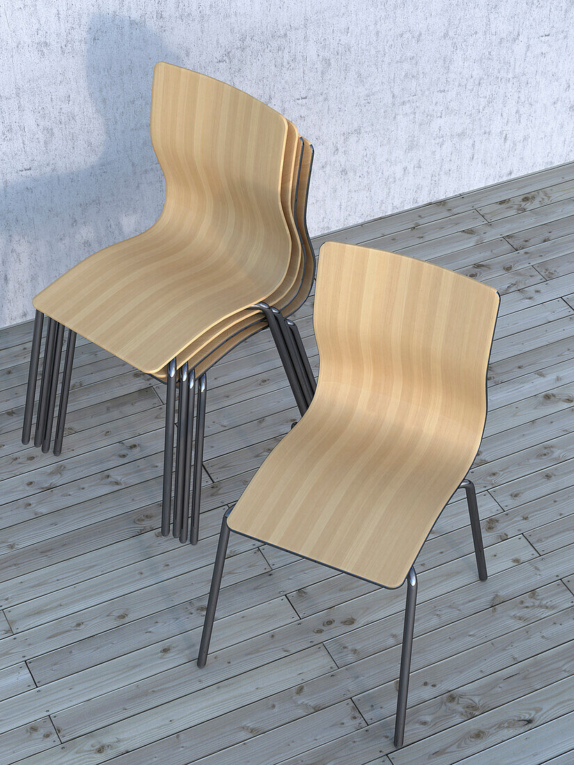 Digitale Illustration eines Stapels von Stühlen mit einem separaten Stuhl auf Hartholzboden