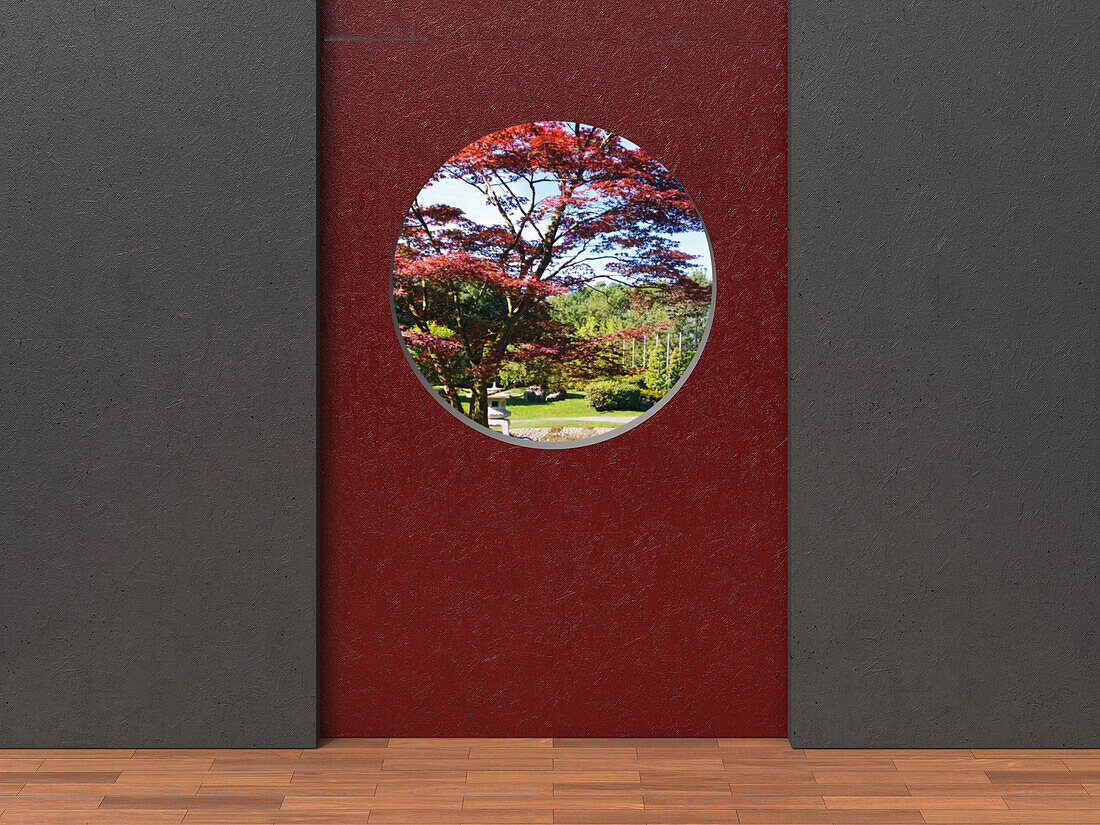 Digitale Illustration von grauen und roten Betonwänden mit Blick durch Rundfenster in japanischen Garten