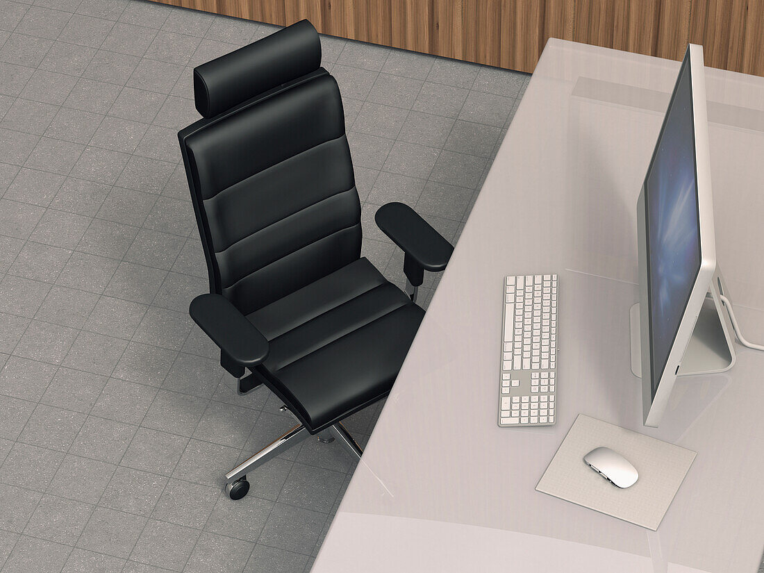 Illustration eines modernen Arbeitsplatzes mit Desktop-Computer, Leder-Bürostuhl und Schreibtisch mit Acrylglas-Schreibtisch, Atelieraufnahme