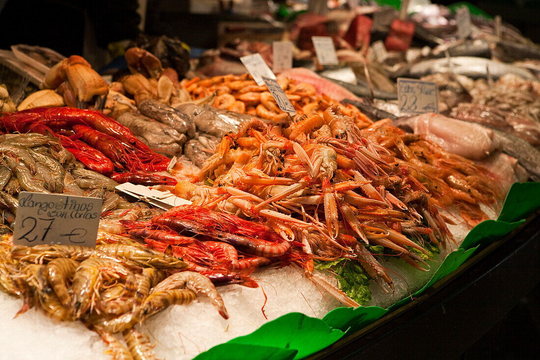Seafood in Open Air Market, Barcelona, Spain