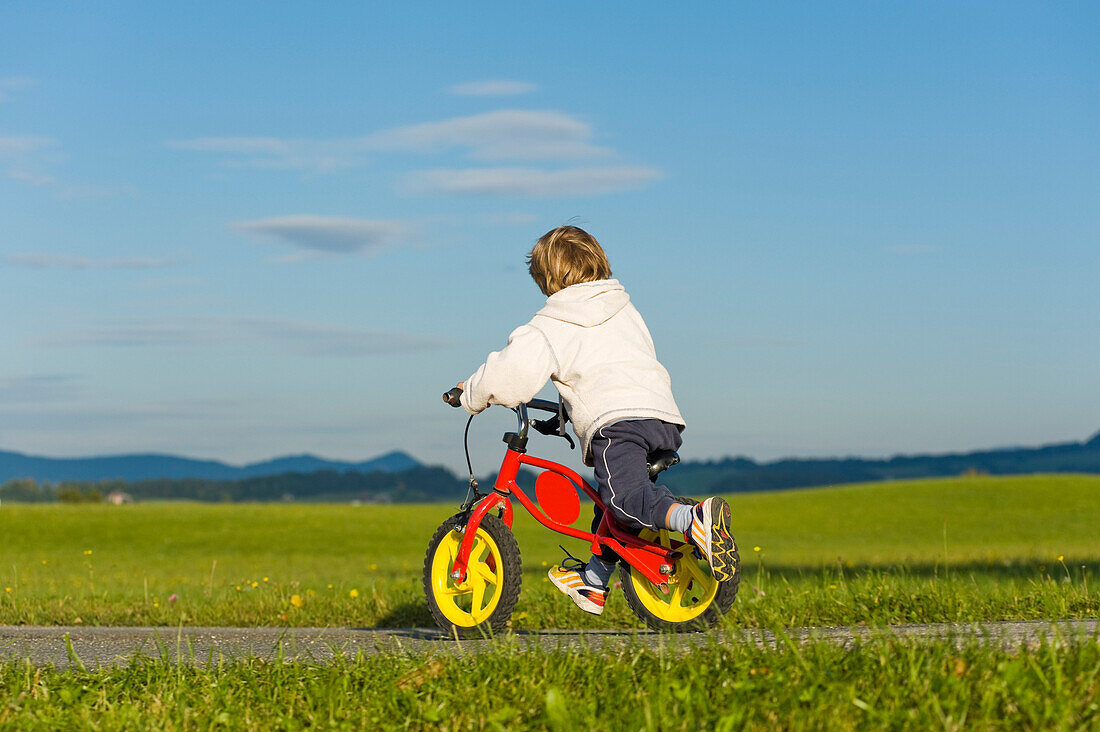 Little Boy Riding His Bike, Hof bei Salzburg, Salzburger Land, Austria