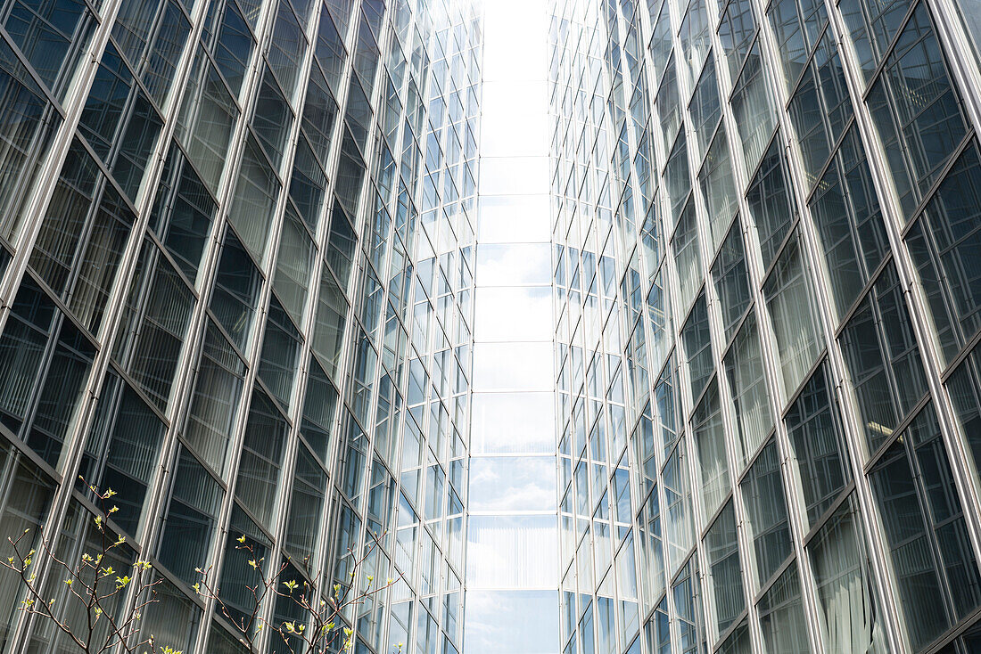 Close-up of office towers and windows in Shibuya, Tokyo, Japan