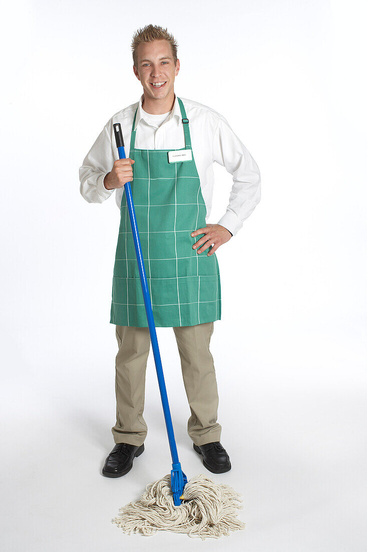 Portrait of Grocery Clerk Holding a Mop