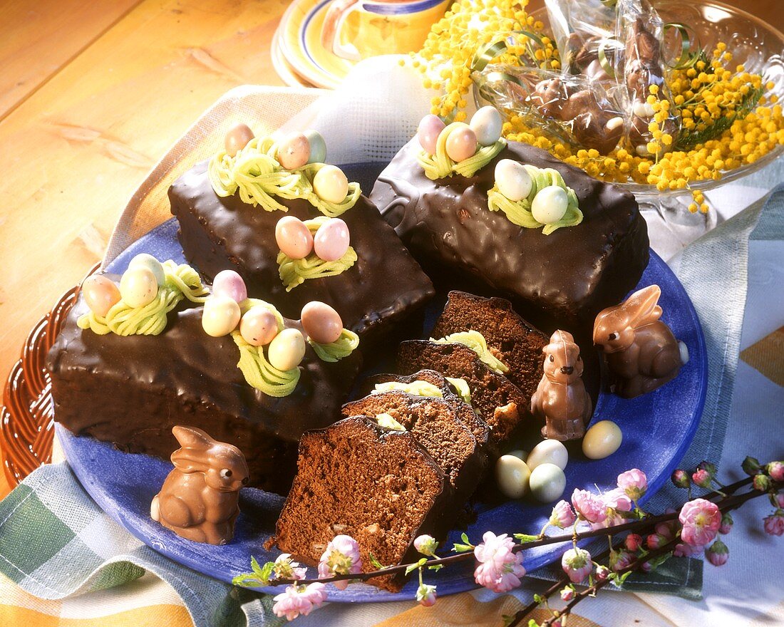 Chocolate cake with sugar eggs & chocolate Easter bunnies