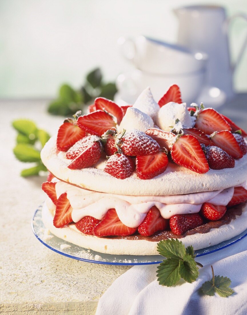 Strawberry gateau with meringue bases & strawberry cream