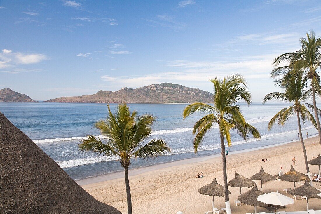 High Angle View Of Sandy Beach With Palm Trees; Mazatlan, Sinaloa State, Mexico