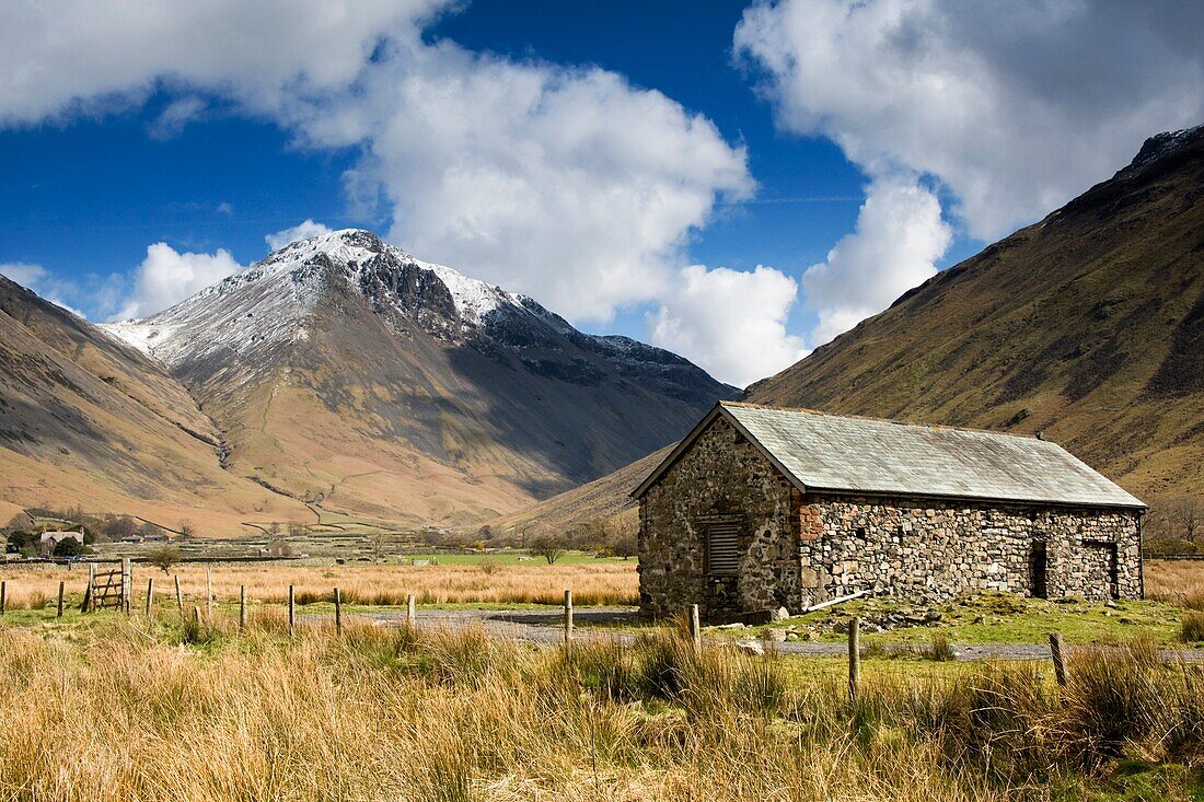 Scenic Mountain Landscape With Country Barn; Lake District, Cumbria, England, Uk