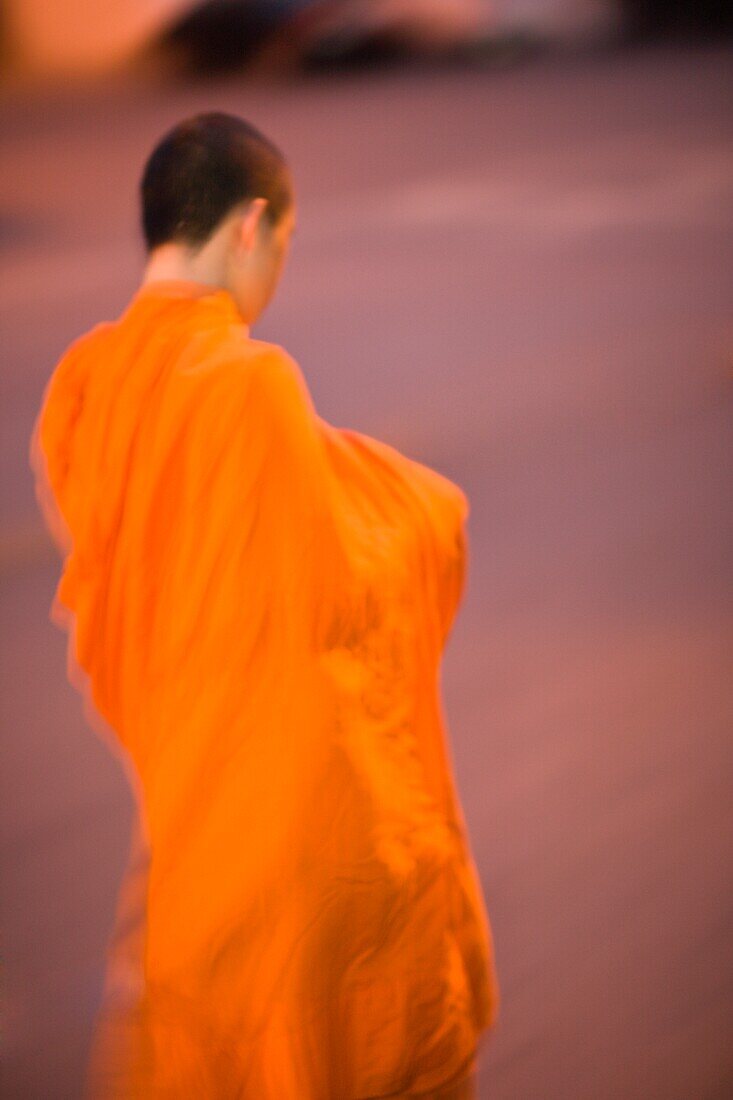 Buddhistische Mönche sammeln Lebensmittel und spezielle Songkran-Segen, Wat Srisoda, buddhistischer Tempel und Kloster; Chiang Mai, Thailand