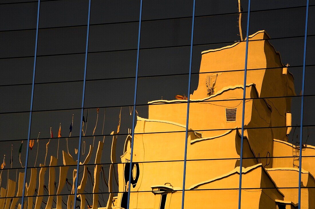 Close-Up Of Office Building Exterior With Reflection; Montreal, Quebec, Canada