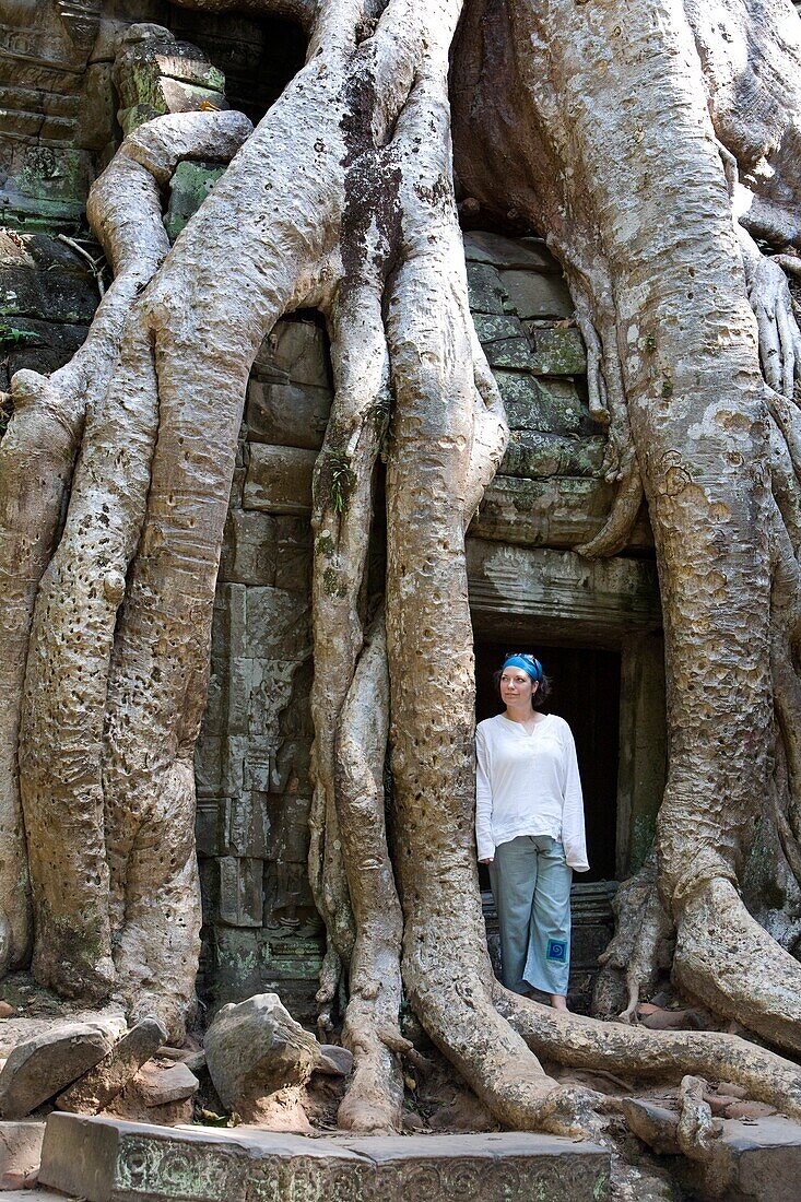 Tourist vor dem von riesigen Baumwurzeln überwucherten Tempeleingang in der antiken Stadt Angkor; Angkor Wat, Siem Reap, Kambodscha