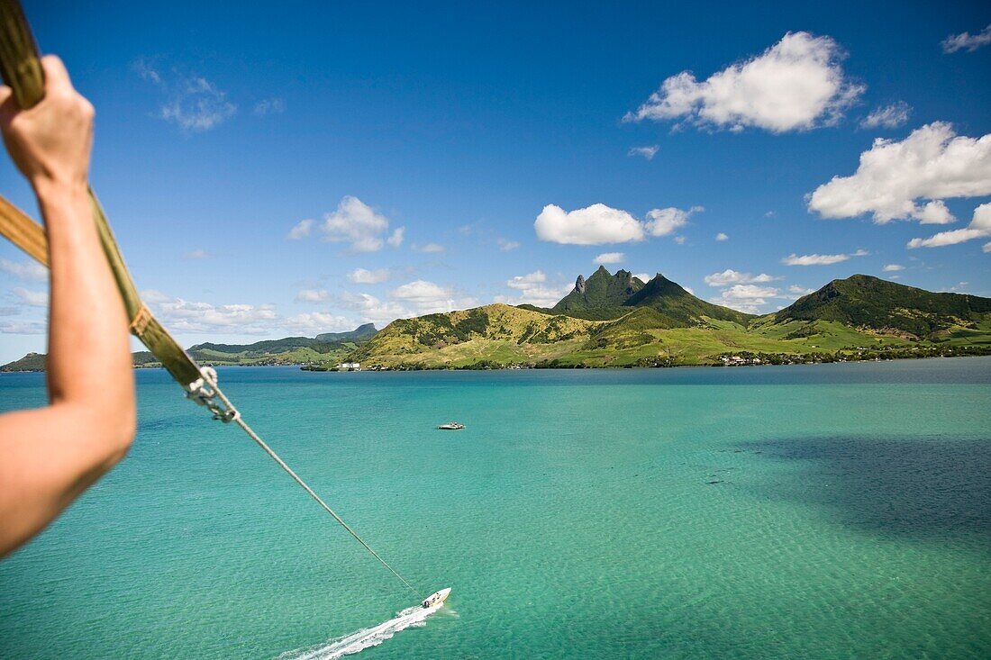 Cropped View Of Person Parasailing With View Of Lion Mountain; Mauritius