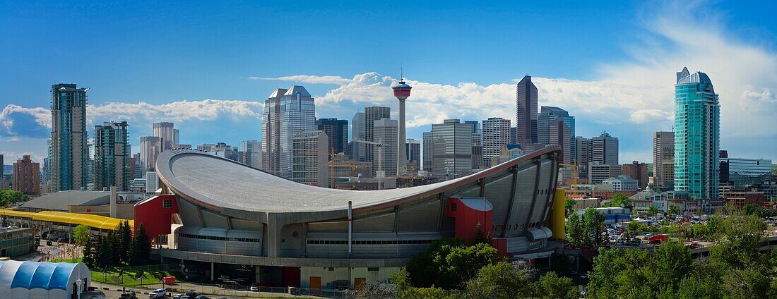 Pengrowth Saddledome And Downtown Skyline; Calgary, Alberta, Canada