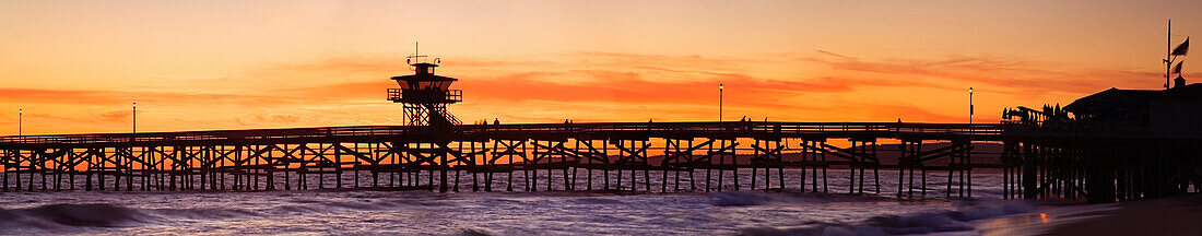 San Clemente Municipal Pier In Sunset, Panorama; San Clemente City, Orange County, Southern California, Usa