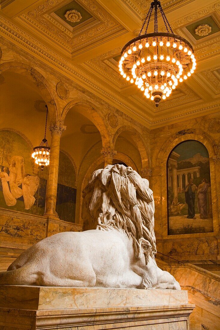 Lion Statue In Boston Public Library; Copley Square, Boston, Massachusetts, Usa