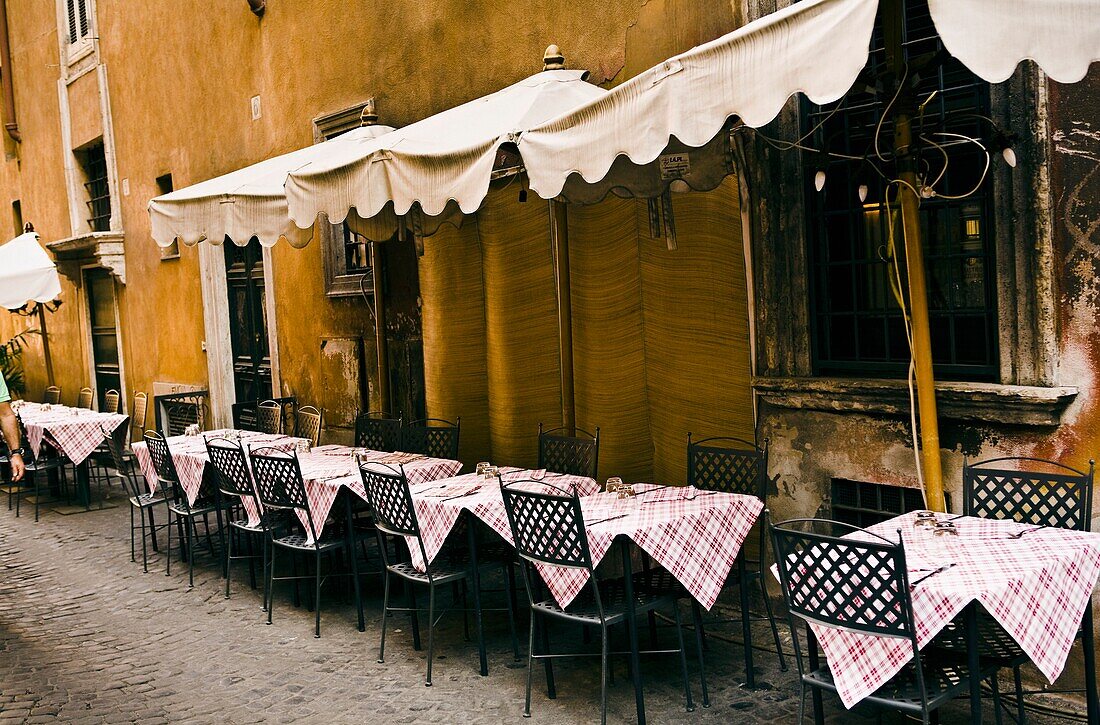Outdoor Restaurant Without Costumers; Rome, Italy