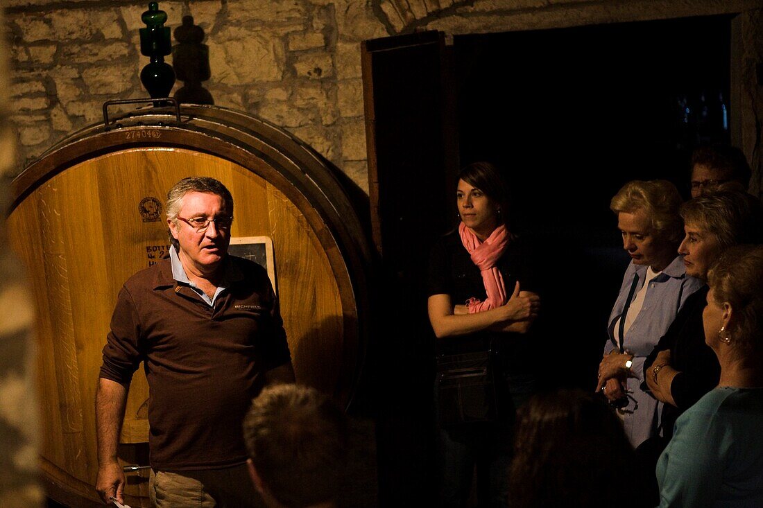 Guide And Tourists In Wine Cellar; Castello Di Verrazzano, Greti, Italy