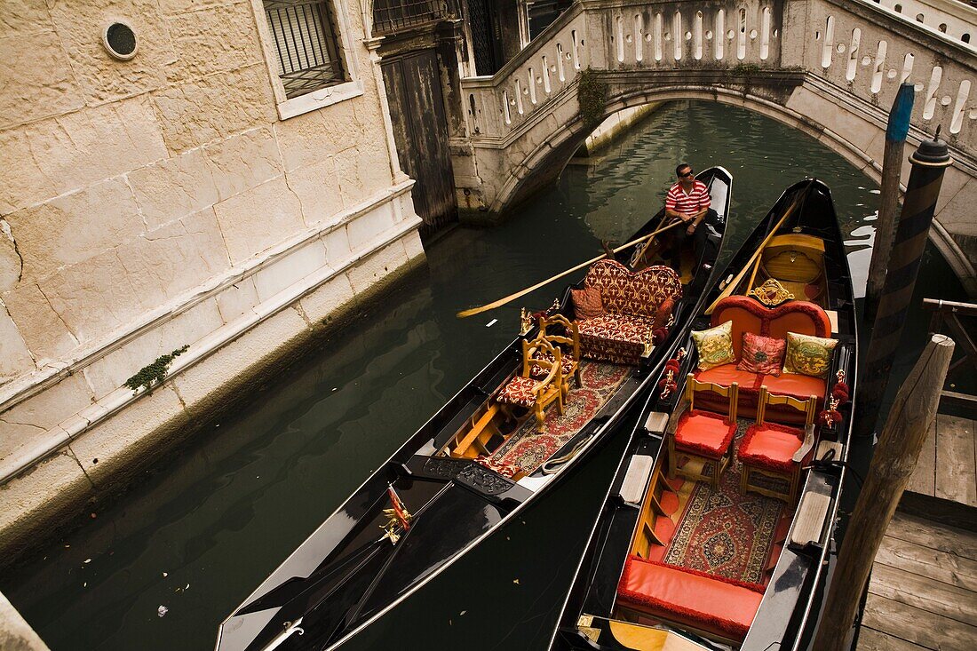 Gondolier Alone In Boat; Venice, Italy