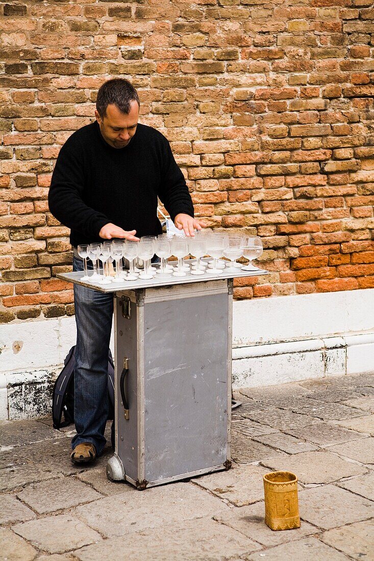 Street Performer Arranging Wineglasses; Venice, Italy