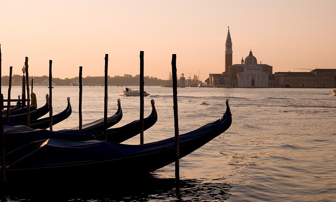 Gondolas On Canal, Church Of St. Giorgio Maggiore In Background; Grand Canal, Venice, Italy