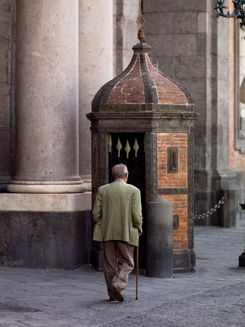 Senior Man With Walking Stick On Piazza Del Plebiscito; Naples, Italy