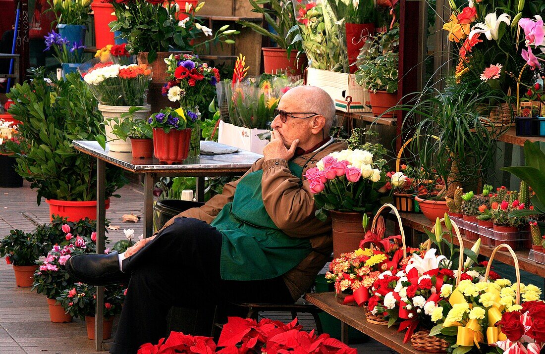 Barcelona, Katalonien, Spanien; Blumenverkäufer im Freien