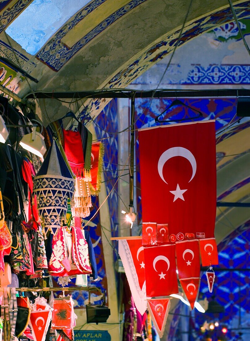 Grand Bazaar, Istanbul, Turkey; Turkish Flags Hanging In Market Place
