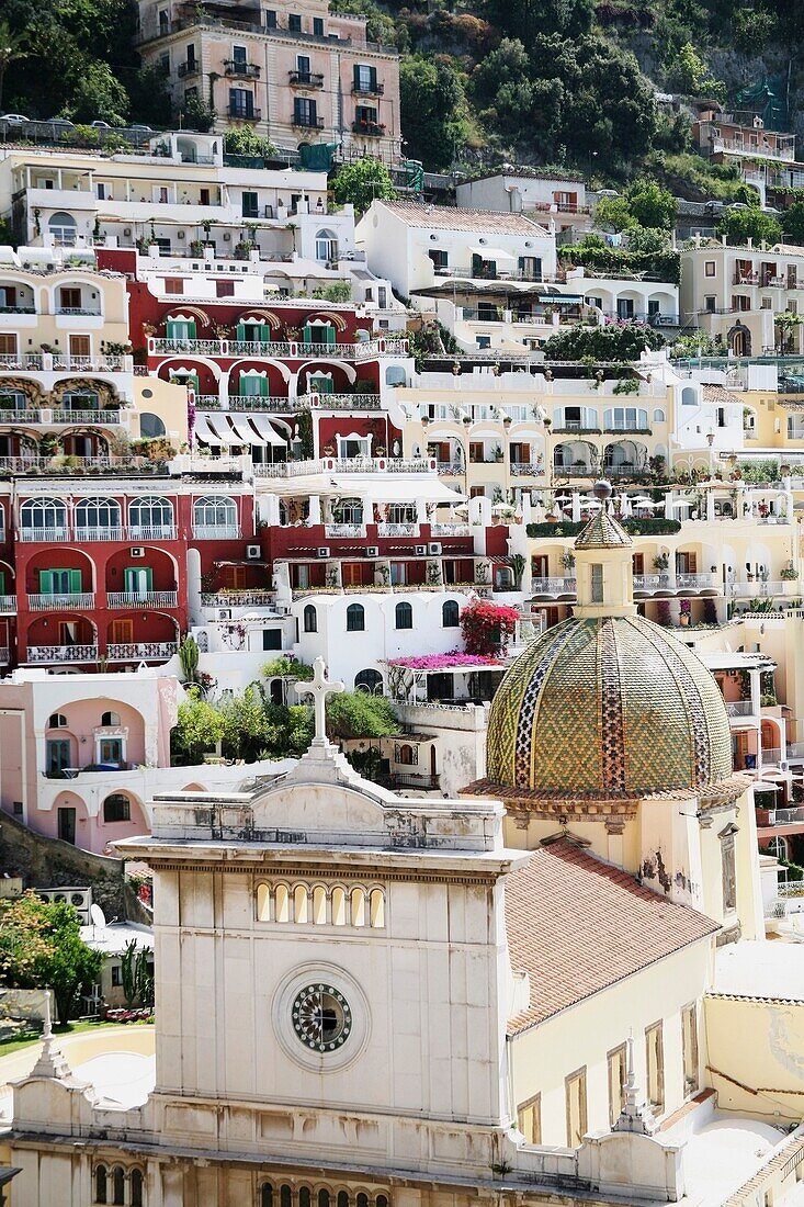 Cathedral Of Our Lady Of The Assumption, Positano, Amalfi Coast, Italy; Coastal Buildings And Church
