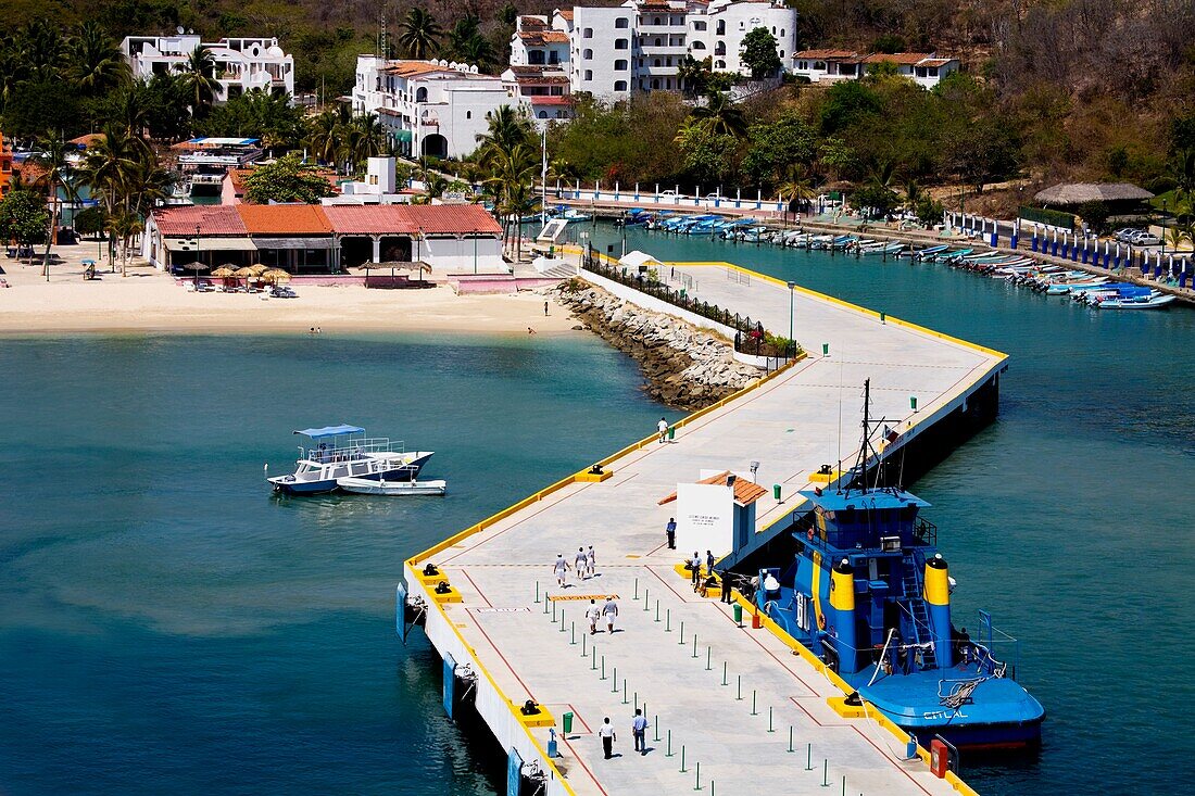 Santa Cruz Pier, Bahias De Huatulco, Oaxaca State, Mexico; High Angle View Of Tropical Pier
