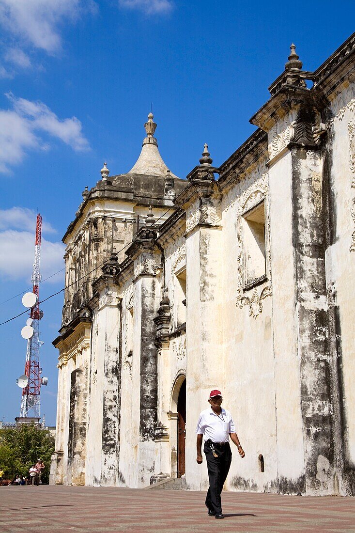 Basilica Cathedral De La Asuncion, Leon, Nicaragua, Central America; Person Walking By Historic Cathedral