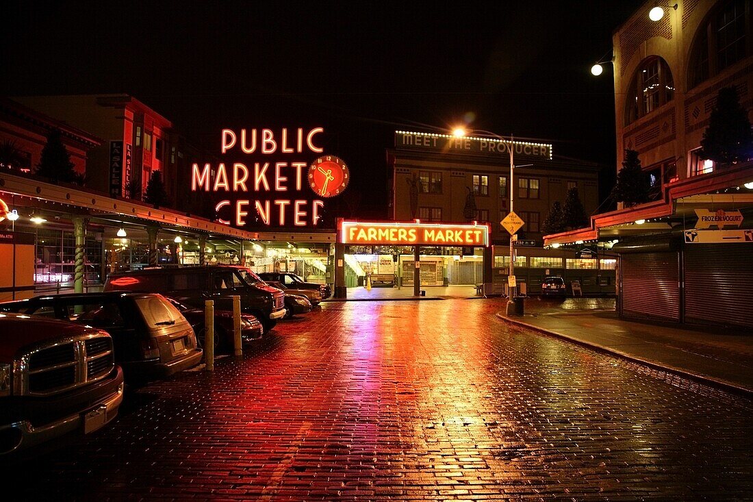 Pike Place Market, Seattle, Washington, Usa; Street Leading To Farmers Market At Night