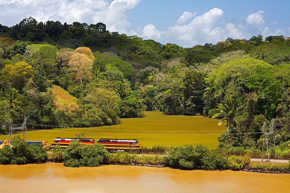 Panama Canal, Panama, Central America; Train Passing By Canal
