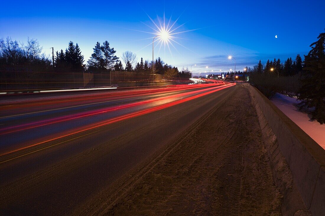 Red Tail Lights At Twilight, St. Albert, Alberta, Canada