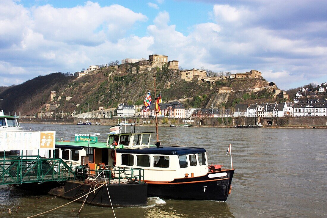 Boat At Dock And Ehrenbreitstein Fortress, Koblenz, Rheinland-Pfalz, Germany