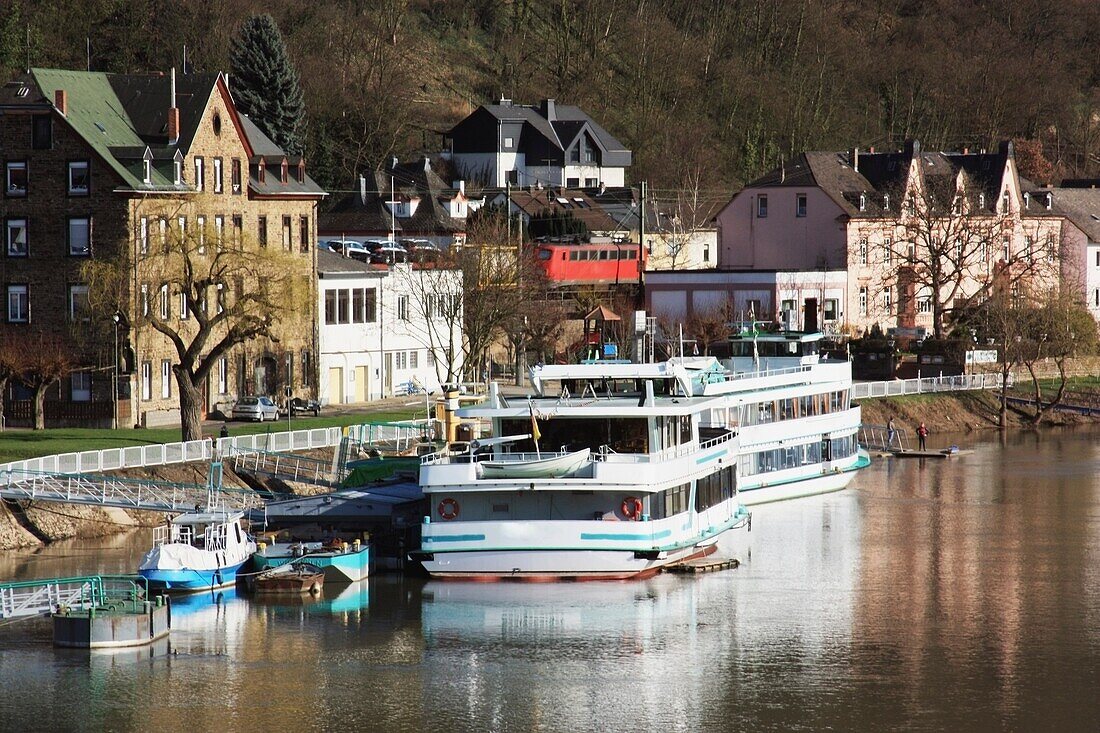 Boats Docked At Waterfront; Vallendar, Rheinland-Pfalz, Germany