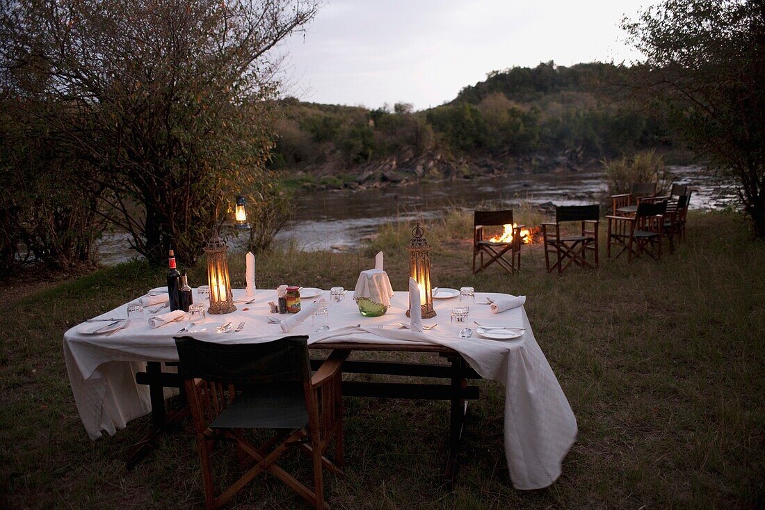 Outdoor Candlelit Dinner At Night, Maasai Mara, Kenya, Africa