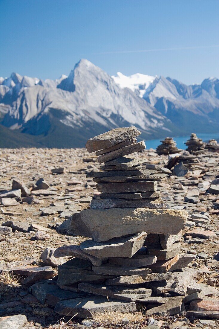 Cairn And Mountain, Jasper National Park, Alberta, Canada