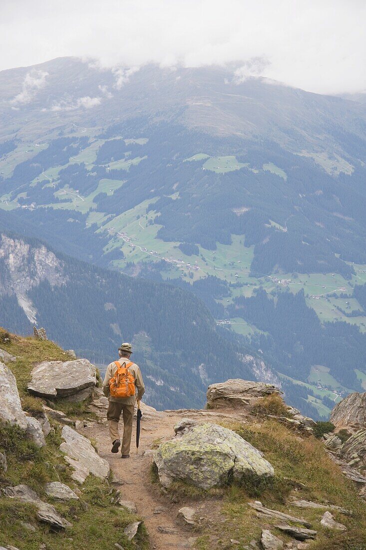Male Hiker On A Trail, Mayrhofen, Tyrol (Tirol), Austria