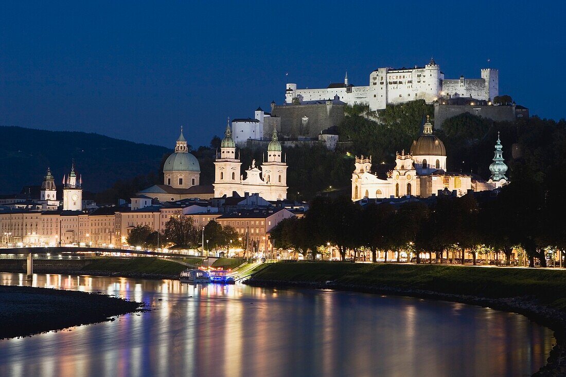 Old Salzburg Centre Cityscape Along The River At Night; Salzburg, Austria