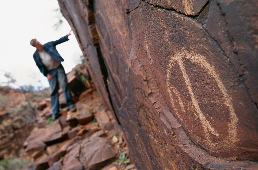 Mann betrachtet Felszeichnungen der Aborigines, Chambers Gorge